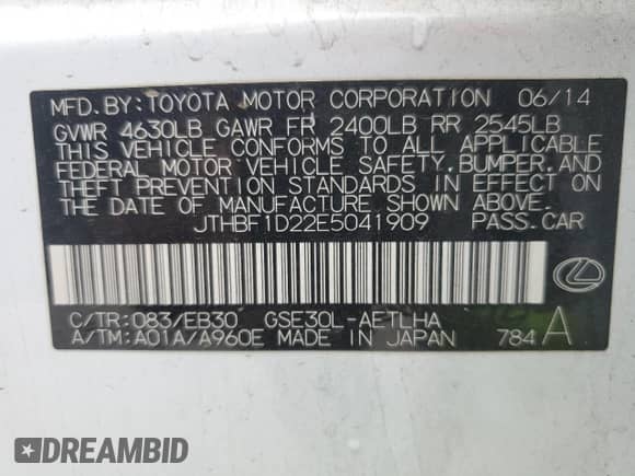 2014 Lexus IS 250 с VIN JTHBF1D22E5041909, выставлен на аукционе Copart как лот 86544395 с пробегом 151 774 миль миль и Списание • Salvage title. История ставок и продаж доступна на DreamBid. Изображение 12.