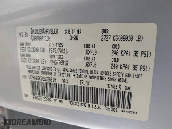 2006 Dodge Dakota ST with VIN 1D7HW28K36S626910, listed as a IAAI auction lot 42193257 with 158,933 mi miles and . Bid and sale history available at DreamBid. Image 9.