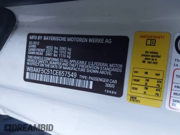 2012 BMW 3 Series 328i xDrive z VIN WBAKF5C51CE657549, wystawiony jako IAAI lot #41307725 z przebiegiem 86 897 mil mil oraz . Historia ofert i sprzedaży dostępna na DreamBid. Obrazek 9.