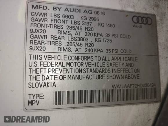 2017 Audi Q7 Premium Plus with VIN WA1LAAF72HD020494, listed as a IAAI auction lot 43307438 with 155,826 mi miles and . Bid and sale history available at DreamBid. Image 9.