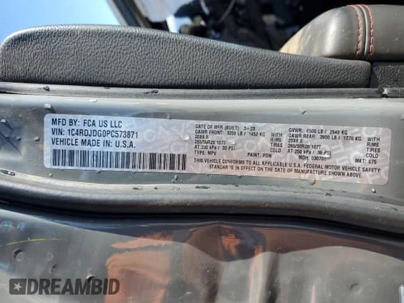 2023 Dodge Durango GT Premium with VIN 1C4RDJDG0PC573871, listed as a Copart auction lot 82341963 with 13,515 mi miles and Non repairable. Bid and sale history available at DreamBid. Image 14.