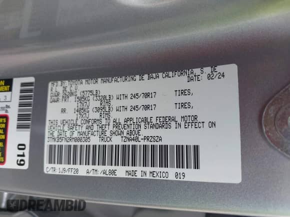 2024 Toyota Tacoma SR5 z VIN 3TMKB5FN2RM000305, wystawiony jako IAAI lot #42108145 z przebiegiem Nie podano mil oraz . Historia ofert i sprzedaży dostępna na DreamBid. Obrazek 9.