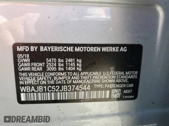 2018 BMW 5 Series 530e xDrive с VIN WBAJB1C52JB374544, выставлен на аукционе Copart как лот 64497885 с пробегом 36 093 миль миль и Списание • Salvage title. История ставок и продаж доступна на DreamBid. Изображение 12.