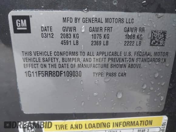 2013 Chevrolet Malibu Eco with VIN 1G11F5RR8DF109030, listed as a IAAI auction lot 42697142 with 125,206 mi miles and . Bid and sale history available at DreamBid. Image 9.