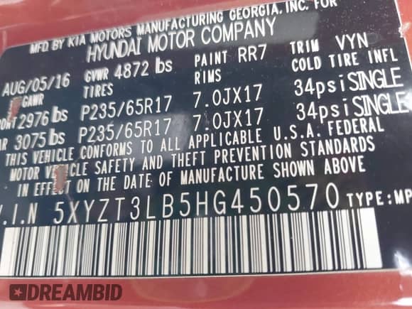 2017 Hyundai Santa Fe 2.4L with VIN 5XYZT3LB5HG450570, listed as a IAAI auction lot 43207863 with 124,950 mi miles and . Bid and sale history available at DreamBid. Image 9.