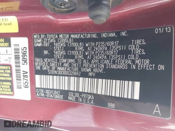 2013 Toyota Sienna XLE AAS with VIN 5TDYK3DC6DS329842, listed as a IAAI auction lot 42919969 with 197,459 mi miles and . Bid and sale history available at DreamBid. Image 9.