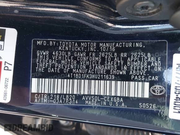 2017 Toyota Camry Hybrid LE с VIN 4T1BD1FK3HU211639, выставлен на аукционе IAAI как лот 42816289 с пробегом 136 802 миль миль и . История ставок и продаж доступна на DreamBid. Изображение 9.