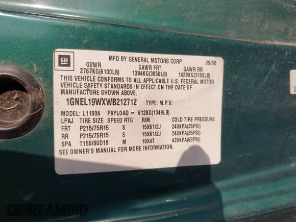 1998 Chevrolet Astro с VIN 1GNEL19WXWB212712, выставлен на аукционе IAAI как лот 43232318 с пробегом 122 484 миль миль и . История ставок и продаж доступна на DreamBid. Изображение 9.