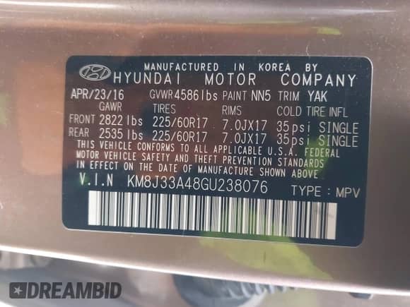 2016 Hyundai Tucson SE z VIN KM8J33A48GU238076, wystawiony jako IAAI lot #43573154 z przebiegiem 122 928 mil mil oraz . Historia ofert i sprzedaży dostępna na DreamBid. Obrazek 9.