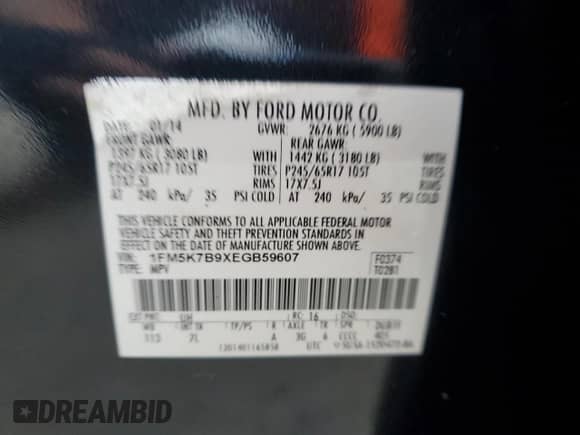 2014 Ford Explorer with VIN 1FM5K7B9XEGB59607, listed as a Copart auction lot 81380015 with 130,624 mi miles and Salvage title. Bid and sale history available at DreamBid. Image 14.