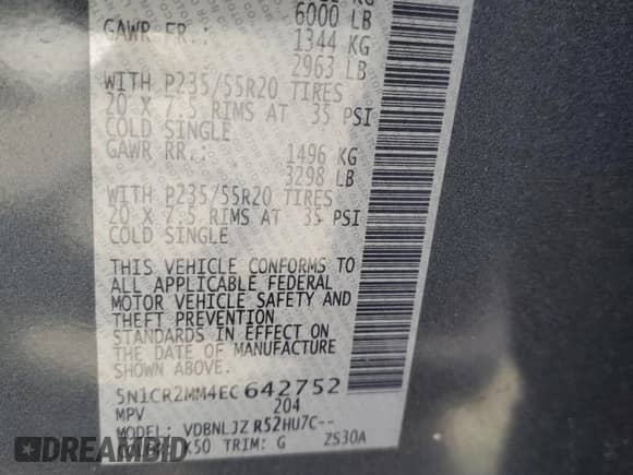 2014 Nissan Pathfinder Platinum Hybrid with VIN 5N1CR2MM4EC642752, listed as a Copart auction lot 59327295 with 96,124 mi miles and Clean title. Bid and sale history available at DreamBid. Image 13.