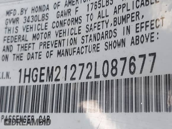 2002 Honda Civic с VIN 1HGEM21272L087677, выставлен на аукционе IAAI как лот 42782249 с пробегом 249 840 миль миль и . История ставок и продаж доступна на DreamBid. Изображение 9.