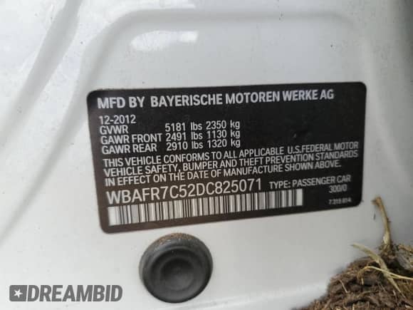 2013 BMW 5 Series 535i с VIN WBAFR7C52DC825071, выставлен на аукционе Copart как лот 82106575 с пробегом Не указан миль и Списание • Salvage title. История ставок и продаж доступна на DreamBid. Изображение 13.