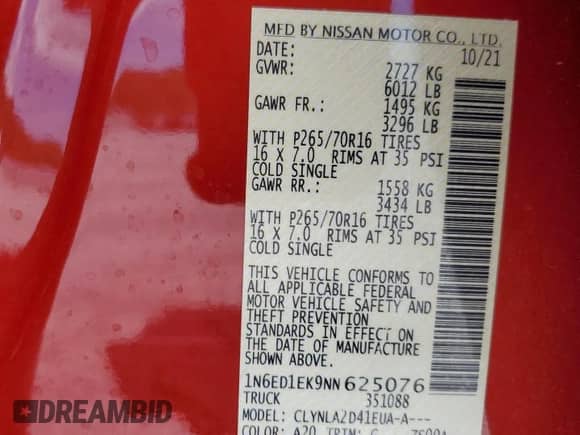 2022 Nissan Frontier S with VIN 1N6ED1EK9NN625076, listed as a Copart auction lot 61163565 with 37,124 mi miles and Salvage title. Bid and sale history available at DreamBid. Image 12.