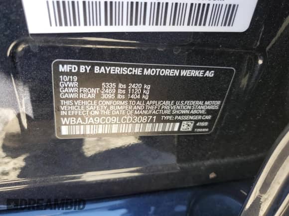 2020 BMW 5 Series 530e с VIN WBAJA9C09LCD30871, выставлен на аукционе Copart как лот 66295495 с пробегом 52 885 миль миль и Списание • Salvage title. История ставок и продаж доступна на DreamBid. Изображение 13.