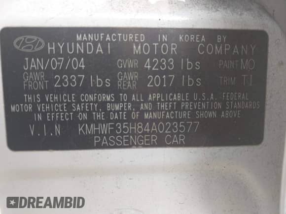 2004 Hyundai Sonata GLS with VIN KMHWF35H84A023577, listed as a IAAI auction lot 43024859 with 186,478 mi miles and . Bid and sale history available at DreamBid. Image 9.