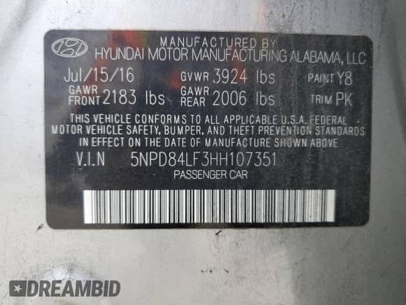 2017 Hyundai Elantra Value Edition with VIN 5NPD84LF3HH107351, listed as a Copart auction lot 81720315 with 269,450 mi miles and Clean title. Bid and sale history available at DreamBid. Image 12.