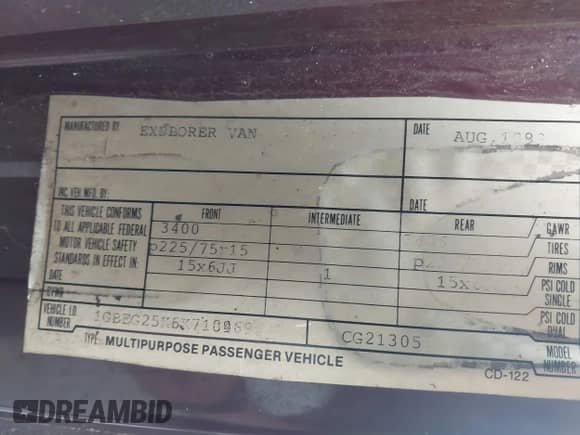 1989 Chevrolet Chevy Van with VIN 1GBEG25K5K7184695, listed as a IAAI auction lot 42432728 with 945,928 mi miles and . Bid and sale history available at DreamBid. Image 9.