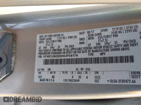 2017 Ford Escape SE с VIN 1FMCU9GD0HUF04174, выставлен на аукционе IAAI как лот 41327379 с пробегом 101 122 миль миль и . История ставок и продаж доступна на DreamBid. Изображение 9.