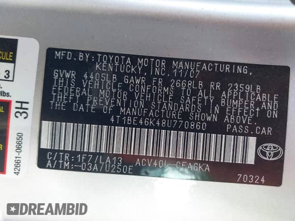 2008 Toyota Camry LE z VIN 4T1BE46K48U770860, wystawiony jako IAAI lot #42755307 z przebiegiem 113 358 mil mil oraz . Historia ofert i sprzedaży dostępna na DreamBid. Obrazek 9.