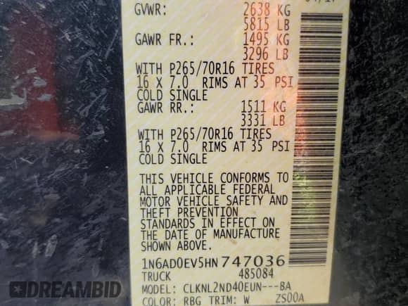 2017 Nissan Frontier SV with VIN 1N6AD0EV5HN747036, listed as a Copart auction lot 57117485 with 85,510 mi miles and Salvage title. Bid and sale history available at DreamBid. Image 12.
