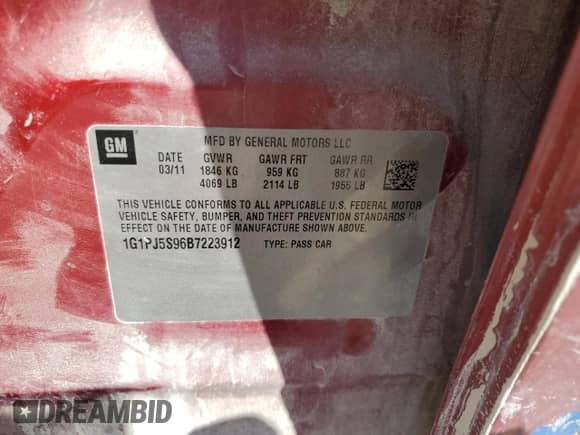 2011 Chevrolet Cruze ECO 1XF z VIN 1G1PJ5S96B7223912, wystawiony jako Copart lot #70115825 z przebiegiem 192 058 mil mil oraz Szkoda całkowita • Salvage title. Historia ofert i sprzedaży dostępna na DreamBid. Obrazek 12.