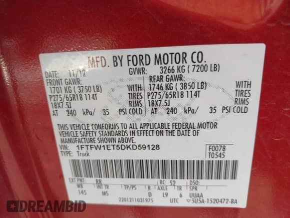 2013 Ford F-150 Lariat with VIN 1FTFW1ET5DKD59128, listed as a IAAI auction lot 43185916 with 135,162 mi miles and . Bid and sale history available at DreamBid. Image 9.