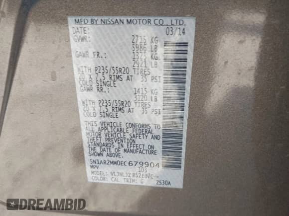 2014 Nissan Pathfinder SL with VIN 5N1AR2MM0EC679904, listed as a IAAI auction lot 43422801 with 105,480 mi miles and . Bid and sale history available at DreamBid. Image 9.