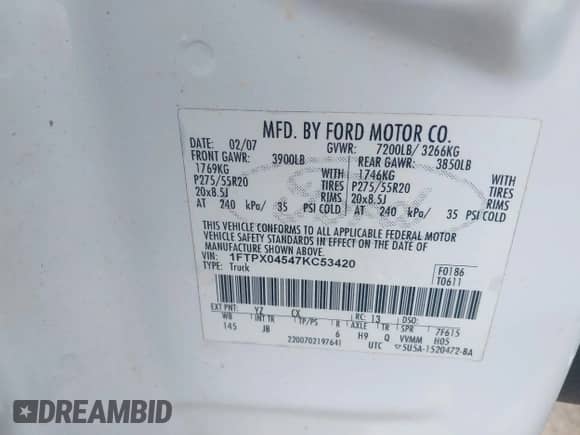 2007 Ford F-150 XLT with VIN 1FTPX04547KC53420, listed as a IAAI auction lot 42064894 with 182,733 mi miles and . Bid and sale history available at DreamBid. Image 9.