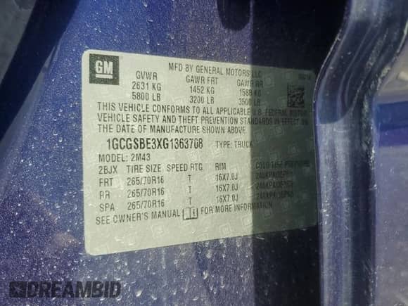 2016 Chevrolet Colorado 2WD WT с VIN 1GCGSBE3XG1363708, выставлен на аукционе Copart как лот 65261095 с пробегом 60 452 миль миль и Списание • Salvage title. История ставок и продаж доступна на DreamBid. Изображение 13.