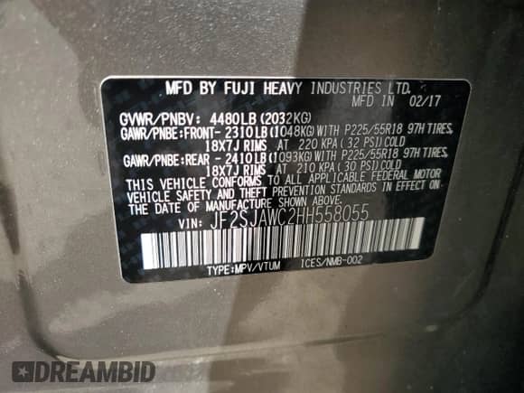 2017 Subaru Forester Touring with VIN JF2SJAWC2HH558055, listed as a Copart auction lot 65933405 with 111,950 mi miles and Salvage title. Bid and sale history available at DreamBid. Image 12.