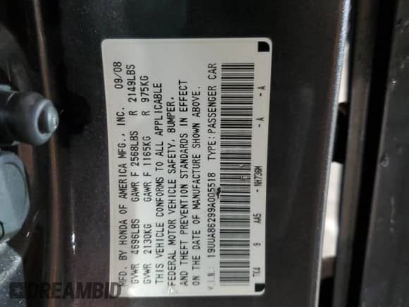 2009 Acura TL с VIN 19UUA86299A005518, выставлен на аукционе Copart как лот 82152565 с пробегом 115 120 миль миль и Списание • Salvage title. История ставок и продаж доступна на DreamBid. Изображение 12.