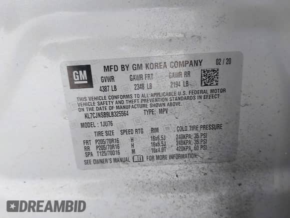 2020 Chevrolet Trax LS с VIN KL7CJNSB9LB325564, выставлен на аукционе IAAI как лот 43292062 с пробегом 66 556 миль миль и . История ставок и продаж доступна на DreamBid. Изображение 9.