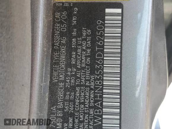 2006 BMW 7 Series 750Li с VIN WBAHN83536DT62509, выставлен на аукционе Copart как лот 66338955 с пробегом 101 530 миль миль и Чистый • Clean title. История ставок и продаж доступна на DreamBid. Изображение 12.