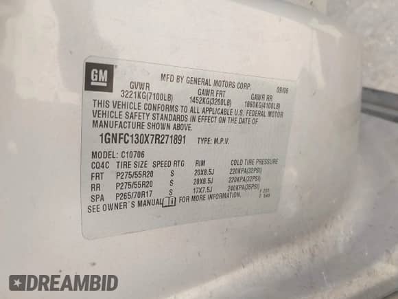2007 Chevrolet Tahoe LT with VIN 1GNFC130X7R271891, listed as a IAAI auction lot 43090505 with 287,610 mi miles and . Bid and sale history available at DreamBid. Image 9.