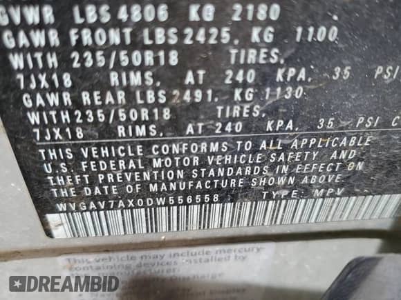 2013 Volkswagen Tiguan SE with VIN WVGAV7AX0DW556558, listed as a Copart auction lot 55574395 with 94,882 mi miles and Salvage title. Bid and sale history available at DreamBid. Image 13.