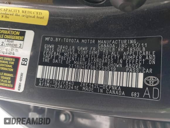 2011 Toyota Corolla S with VIN 2T1BU4EE9BC733519, listed as a IAAI auction lot 43433109 with 131,590 mi miles and . Bid and sale history available at DreamBid. Image 9.