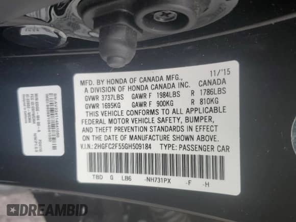 2016 Honda Civic LX with VIN 2HGFC2F55GH509184, listed as a Copart auction lot 71450865 with 123,120 mi miles and Salvage title. Bid and sale history available at DreamBid. Image 13.