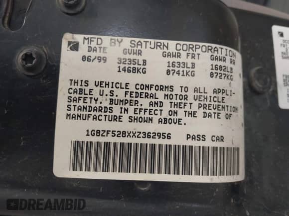 1999 Saturn SL with VIN 1G8ZF528XXZ362956, listed as a IAAI auction lot 42646763 with 201,548 mi miles and . Bid and sale history available at DreamBid. Image 9.