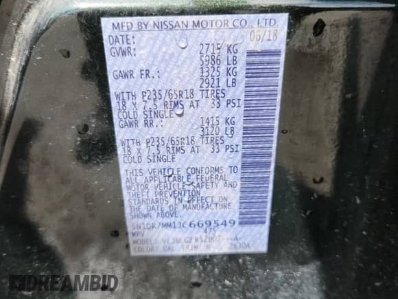 2018 Nissan Pathfinder SV with VIN 5N1DR2MM1JC669549, listed as a Copart auction lot 72063665 with 90,114 mi miles and Salvage title. Bid and sale history available at DreamBid. Image 13.