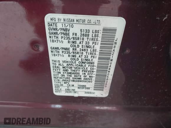 2011 Nissan Murano SL with VIN JN8AZ1MU4BW056380, listed as a IAAI auction lot 42873683 with 163,215 mi miles and . Bid and sale history available at DreamBid. Image 9.