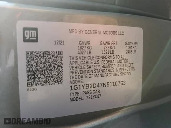 2022 Chevrolet Corvette 2LT z VIN 1G1YB2D47N5110763, wystawiony jako Copart lot #63411194 z przebiegiem Nie podano mil oraz Szkoda całkowita • Salvage title. Historia ofert i sprzedaży dostępna na DreamBid. Obrazek 14.