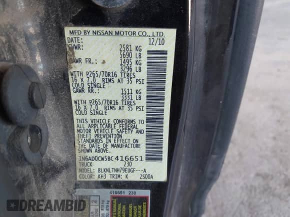 2011 Nissan Frontier SV with VIN 1N6AD0CW5BC416651, listed as a IAAI auction lot 42559345 with 87,495 mi miles and . Bid and sale history available at DreamBid. Image 9.