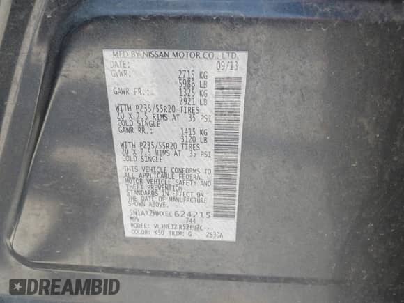 2014 Nissan Pathfinder SL with VIN 5N1AR2MMXEC624215, listed as a IAAI auction lot 42520996 with 127,531 mi miles and . Bid and sale history available at DreamBid. Image 9.