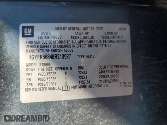 2008 Cadillac Escalade ESV с VIN 1GYFK66848R213927, выставлен на аукционе Copart как лот 87486375 с пробегом Не указан миль и Чистый • Clean title. История ставок и продаж доступна на DreamBid. Изображение 13.