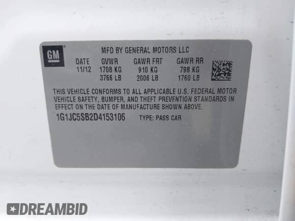 2013 Chevrolet Sonic LT с VIN 1G1JC5SB2D4153106, выставлен на аукционе IAAI как лот 42915411 с пробегом 132 276 миль миль и . История ставок и продаж доступна на DreamBid. Изображение 9.