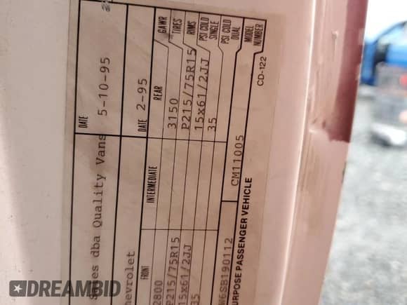 1995 Chevrolet Astro Cargo с VIN 1GBDM19W6SB190112, выставлен на аукционе Copart как лот 85621074 с пробегом 111 436 миль миль и Чистый • Clean title. История ставок и продаж доступна на DreamBid. Изображение 13.