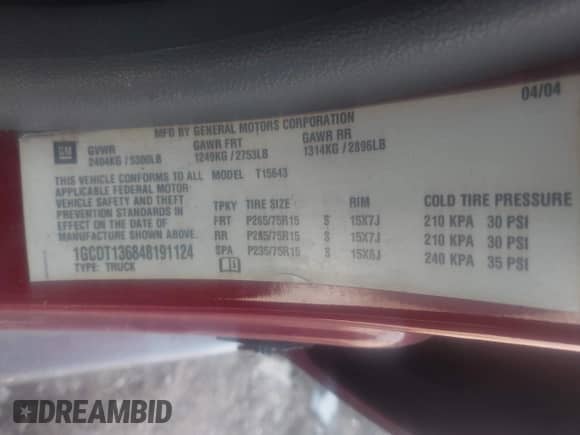 2004 Chevrolet Colorado 1SB LS Z85 with VIN 1GCDT136848191124, listed as a IAAI auction lot 42118212 with 249,473 mi miles and . Bid and sale history available at DreamBid. Image 9.