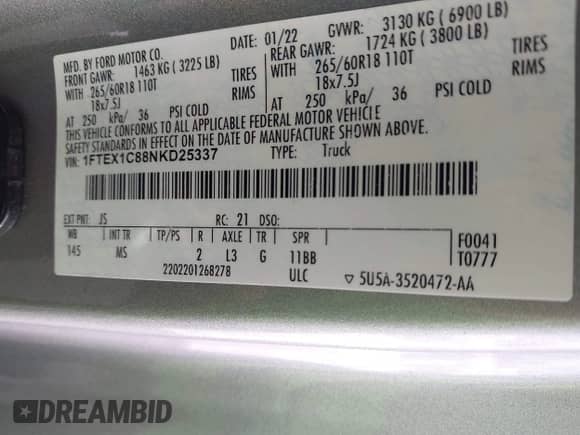 2022 Ford F-150 XL с VIN 1FTEX1C88NKD25337, выставлен на аукционе IAAI как лот 42984041 с пробегом 64 879 миль миль и . История ставок и продаж доступна на DreamBid. Изображение 9.