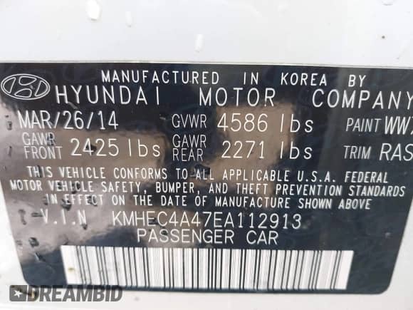 2014 Hyundai Sonata z VIN KMHEC4A47EA112913, wystawiony jako IAAI lot #43081223 z przebiegiem 188 132 mil mil oraz . Historia ofert i sprzedaży dostępna na DreamBid. Obrazek 9.